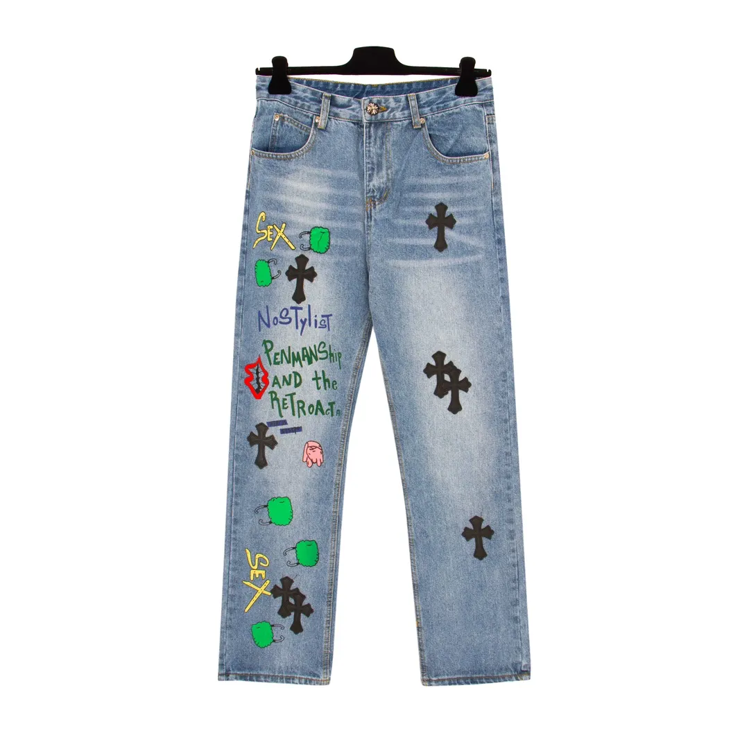 P240 [next day] Chrome Heart* CH DIY Chrome Heart large silver button jeans (highest version) originally purchased and patterned, truly restoring the ultimate vintage texture, YKK-5YG zipper, full set of molded logo silver accessories, Italian special cowhide print and then cut, custom-made sheepskin three-layer thick line leather, the whole is spliced in heavy water washing process, the trousers shape is impeccable and the washed color is very beautiful The whole body hardware adopts silver-plated industrial buckles, and you can see the details! Master DIY's special customized model, there will never be any confusion! Three-dimensional cutting version. Loose and comfortable, not flattering on your body shape, making you look taller and slimmer. Made by a factory. Original factory quality control. Same style for men and women. Can be matched with couples. Versatile recommendation. Fine workmanship. The version is very stylish. The upper body effect is super good. It is a must-have jeans for all seasons. It is a perfect combination with anything. Without further ado, hurry up and grab one. Color: blue Size: 28 30 32 34 (s-XL) For detailed sizes, please see Figure 9